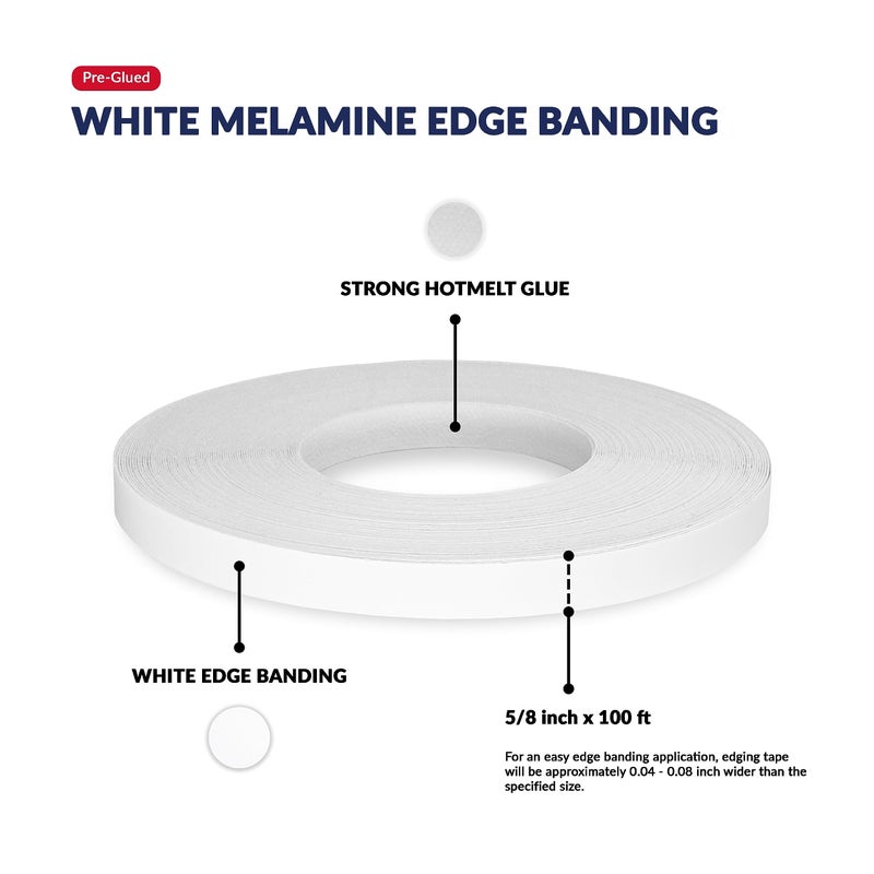 UNMAR White Melamine Edge Banding 5/8 inch x 100 ft Iron On Adhesive Edging Cabinet Repair Laminate Shelf Table Plywood MDF Board Furniture Formica Countertop Pre Glued Flexible Strip Wood Veneer Tape Trim - Image 2